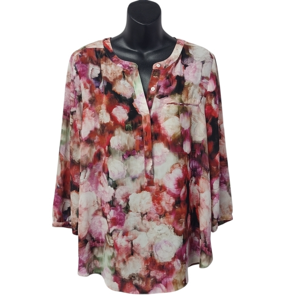 NYDJ Womens Floral Print 3/4 Sleeve V-neck Tunic Blouse Pleated Button Size L